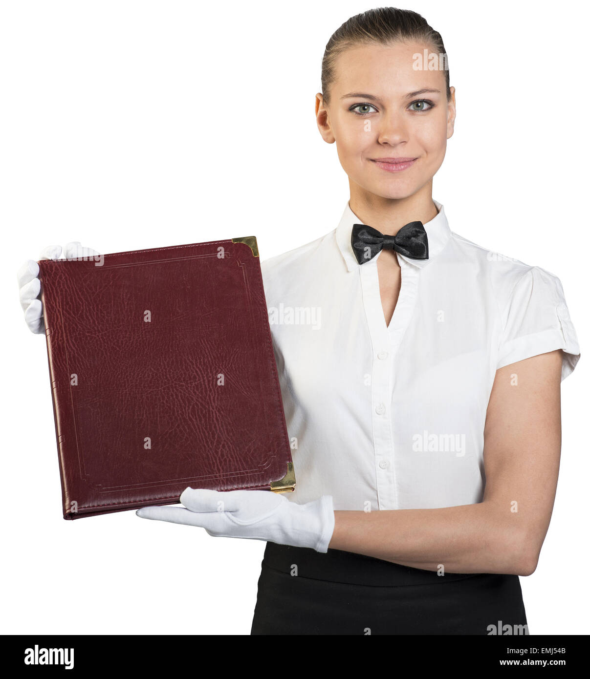 Junge Kellnerin in weißen Handschuhen halten Ordner Stockfoto