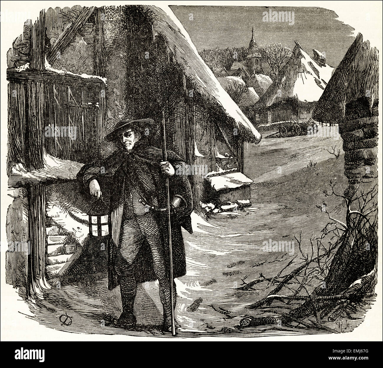 Nachtwächter in einem deutschen Dorf im Winter. Viktorianische Holzschnitt Gravur datiert 1890 Stockfoto