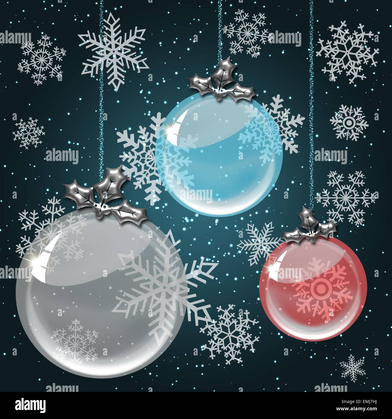 Chrystal Weihnachten Kugeln auf blauen Gradienten Hintergrund mit Schneeflocken Stockfoto