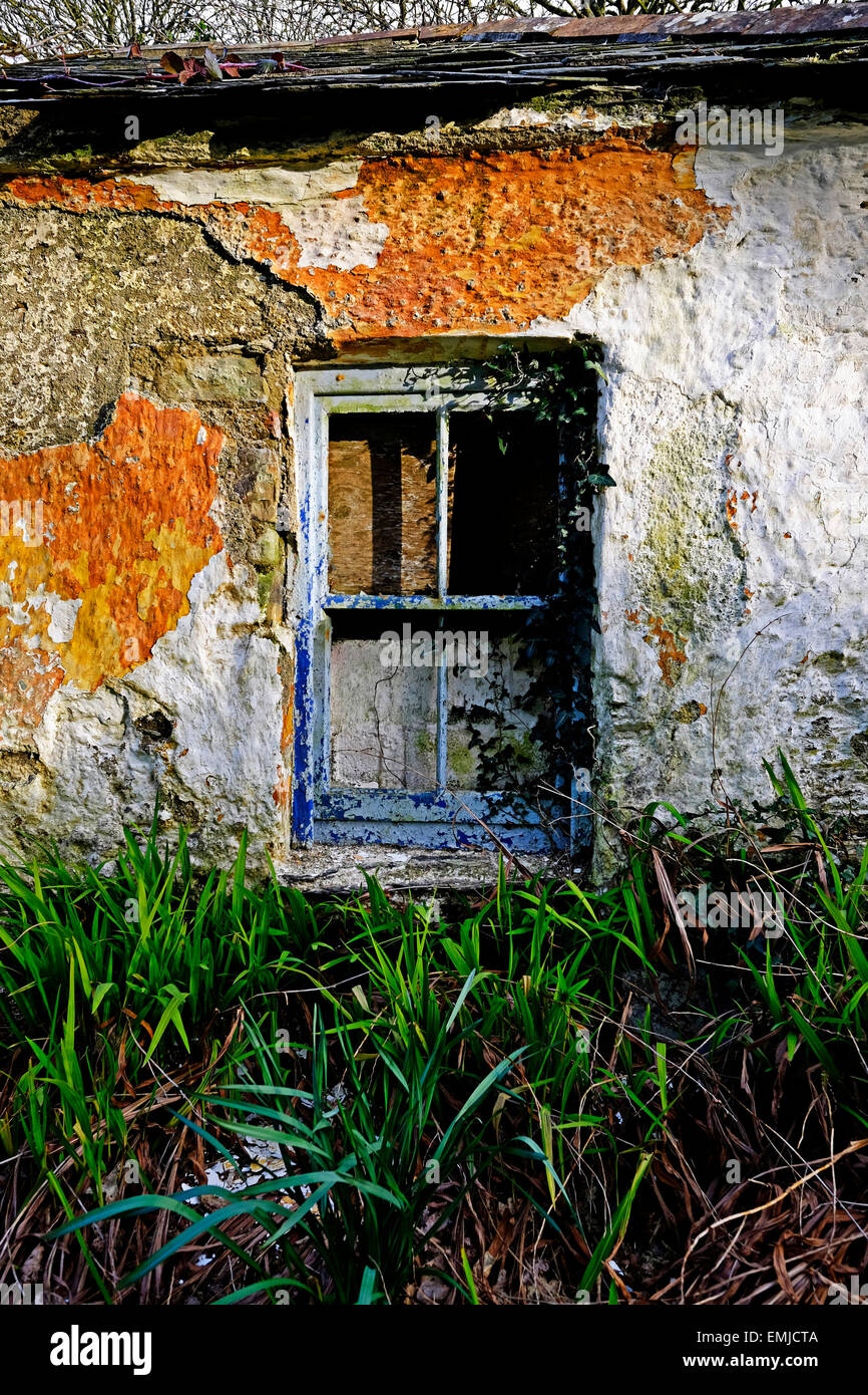 Fenster in Außenansicht eine schäbige alte verlassene Tor Lodge Haus in der Nähe von Clonakilty in West Cork Irland Stockfoto