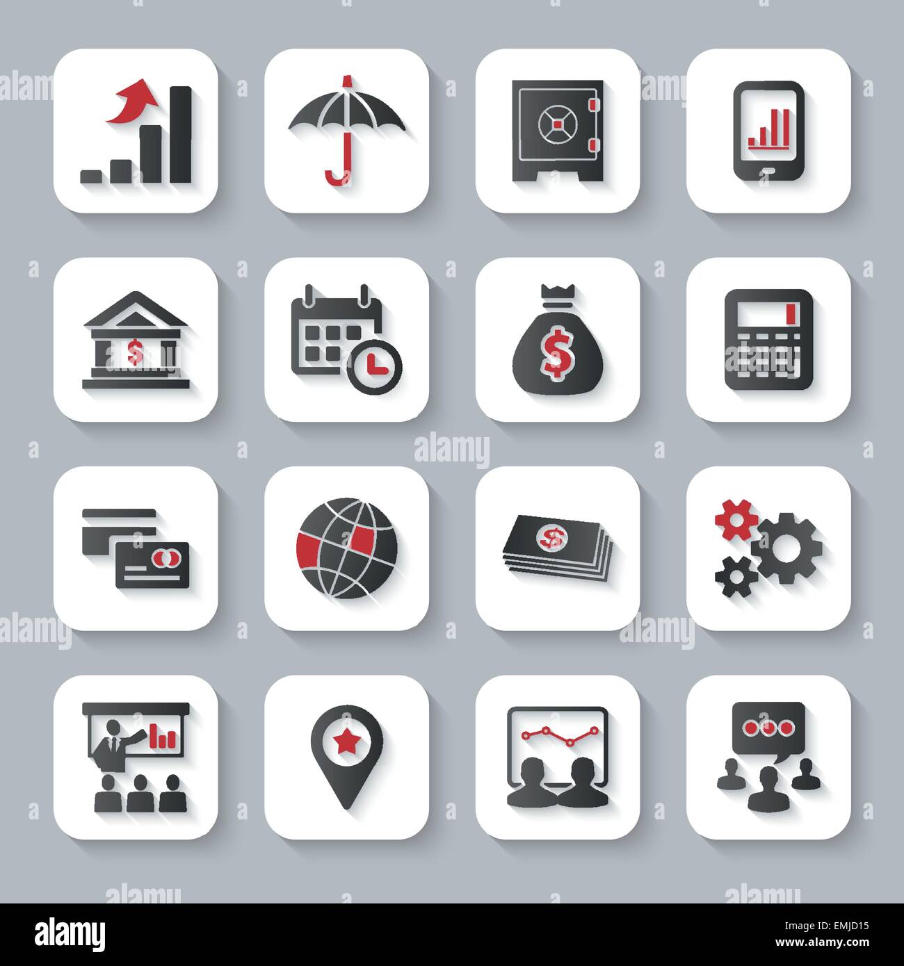 Modernes Design Vektor Illustration flache Icon set mit langen Schattenstil von Finanzgeschäften und Geld-Objekten. Isoliert auf grau Stock Vektor