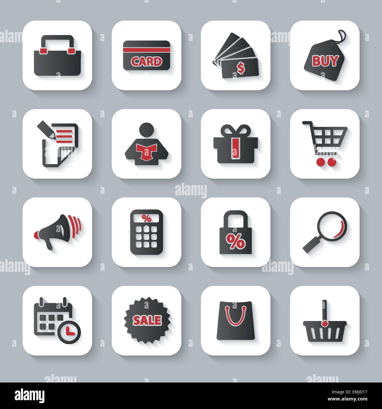 Modernes Design Vektor Illustration flache Icon set mit langen Schattenstil shopping Objekte. Isoliert auf grauem Hintergrund. Stock Vektor