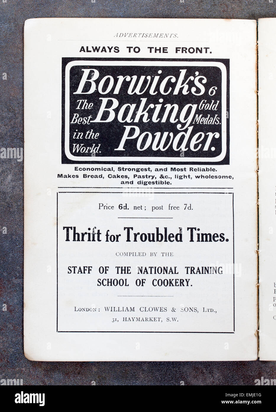 Werbung in 1916 Kochbuch - die National Training School for Cookery Plain Kochen Rezepte Stockfoto
