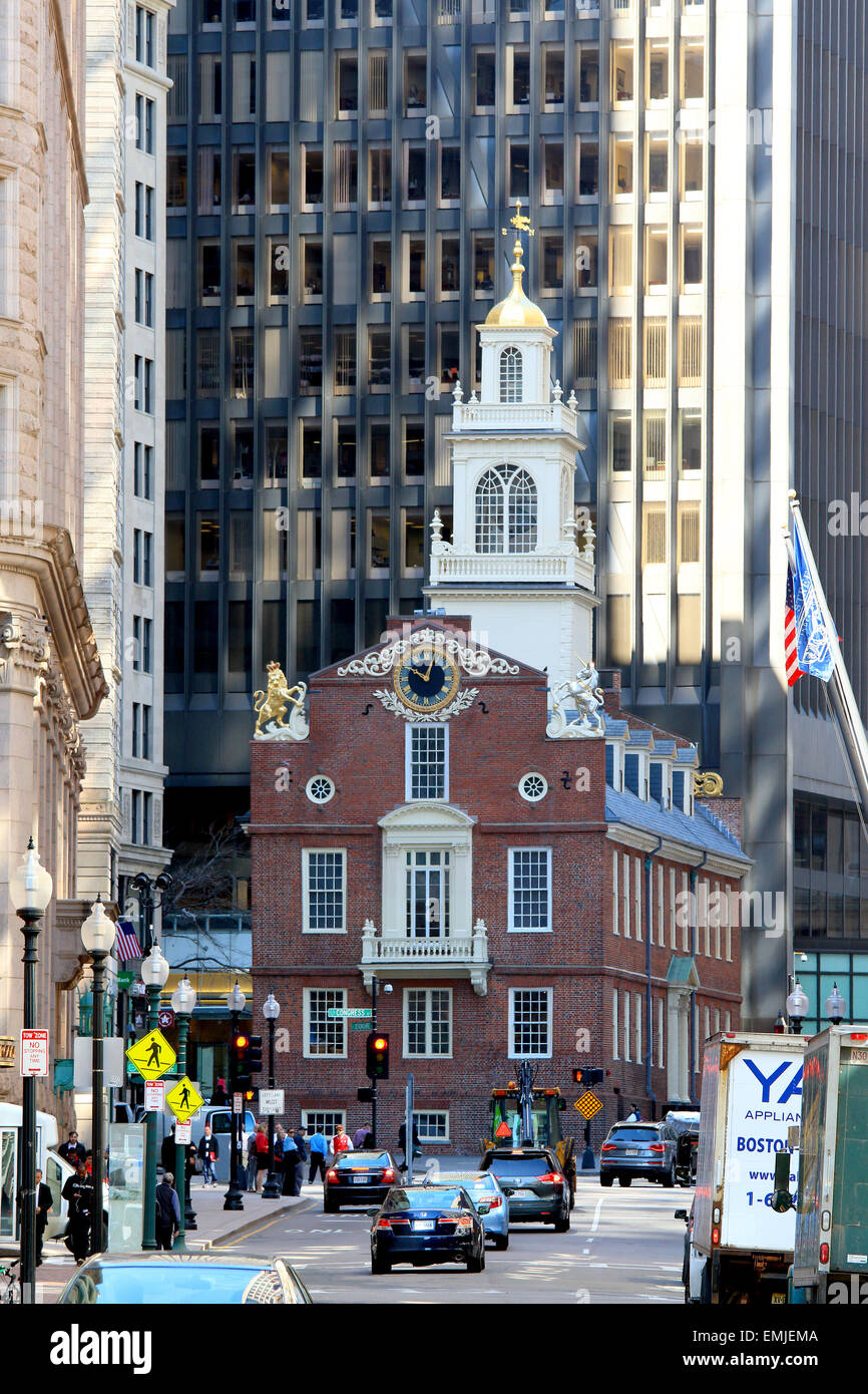 Boston Freedom Trail Wahrzeichen. Das Old State House Website des Massakers von Boston. Boston, Massachusetts. Stockfoto