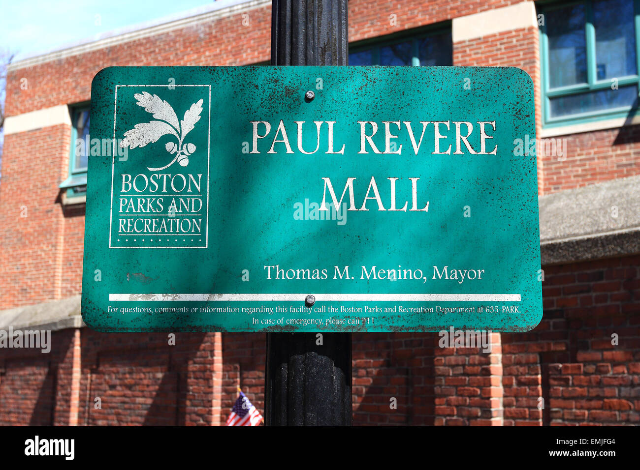 Boston Freedom Trail Wahrzeichen Zeichen. Paul Revere Mall. Boston, Massachusetts. Stockfoto