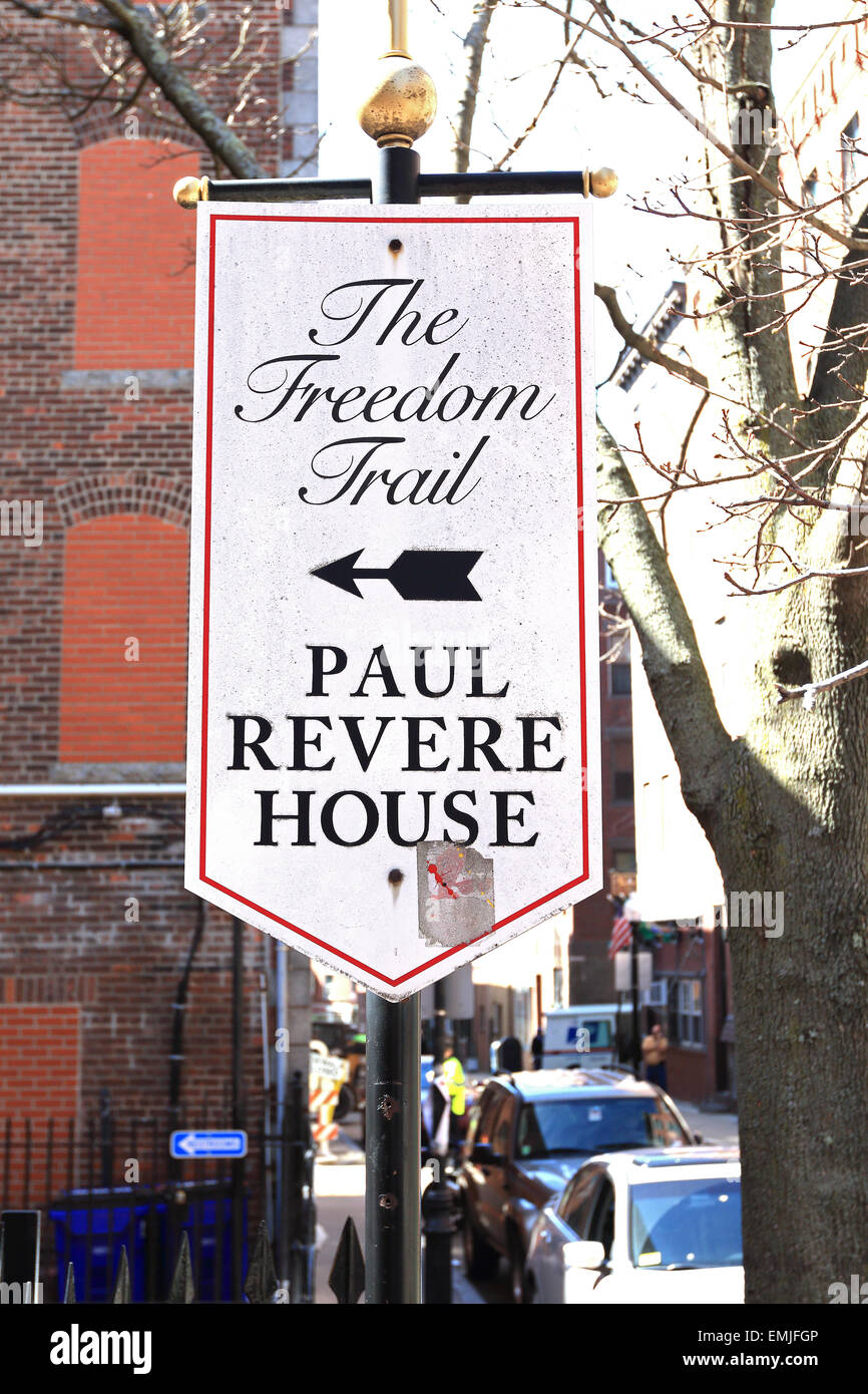 Boston Freedom Trail Wahrzeichen Zeichen. Paul Revere House. Boston, Massachusetts. Stockfoto
