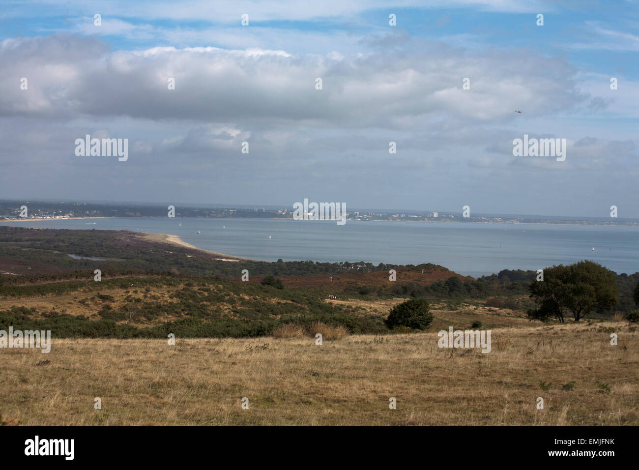 Poole Bay Poole Bournemouth und Studland von in der Nähe von neun Barrow, Isle of Purbeck-Dorset-England Stockfoto