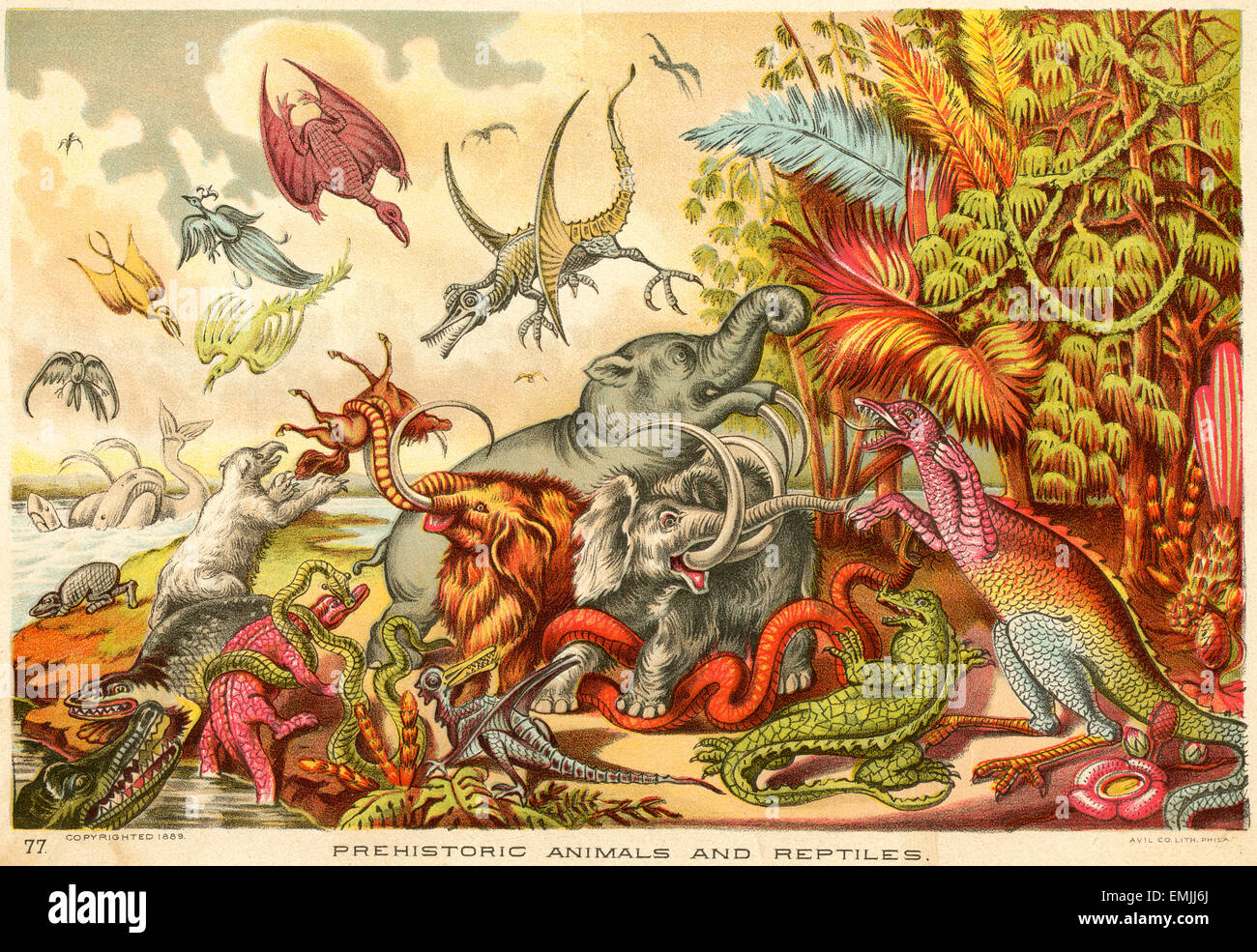 Prähistorische Tiere und Reptilien, Avil Co. Lith Phila., 1889 Stockfoto