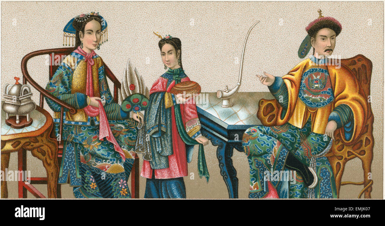 Manchu Familie, China, Farblitho, um 1820 Stockfoto