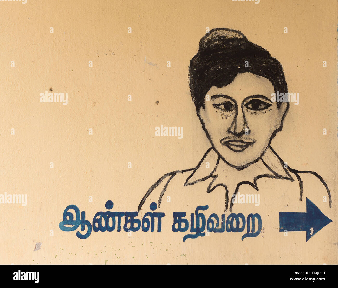 Zeichen für Herren WC mit Erklärung in Tamil. Stockfoto