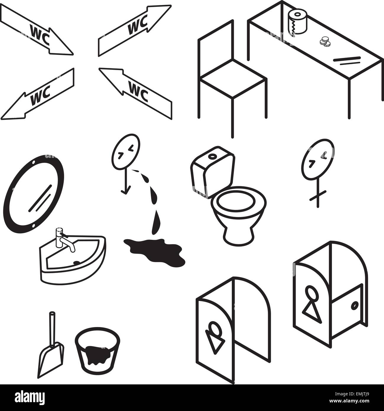 Isometrische Bad und WC Wohnung innen schwarze und weiße Kontur Symbole Stock Vektor
