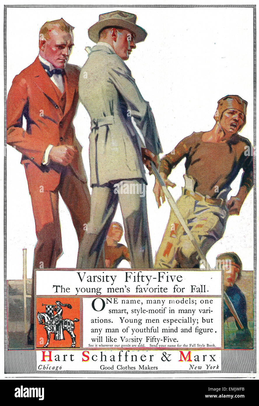 Varsity Fifty-Five-die jungen Männer der Favorit für den Herbst. Hart, Schaffner und Marx Kleidung Werbung, ca. 1916 Stockfoto
