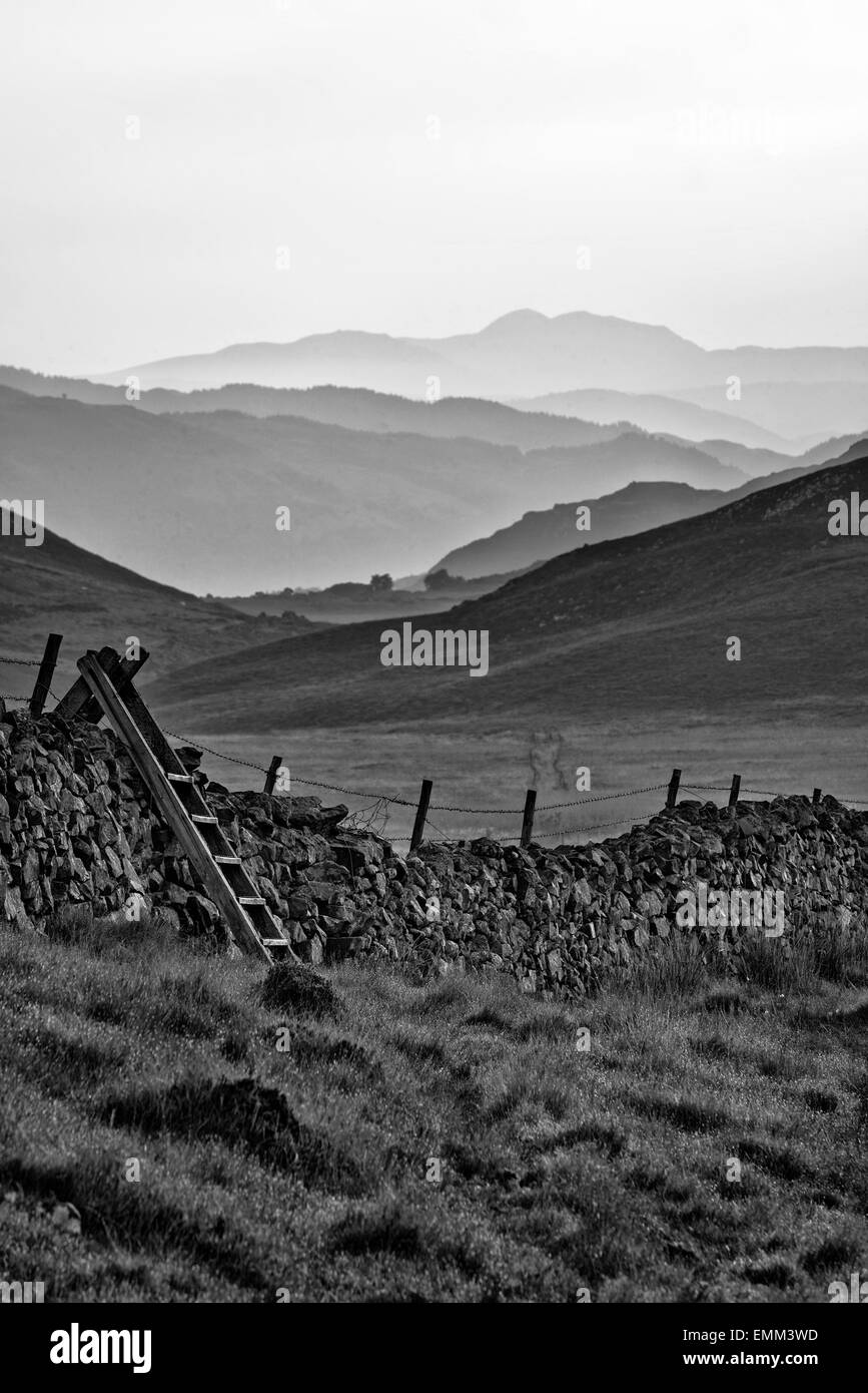 Blick entlang der Landschaft Felder in Richtung nebligen Snowdonia Bergkette in Entfernung schwarz / weiß Stockfoto