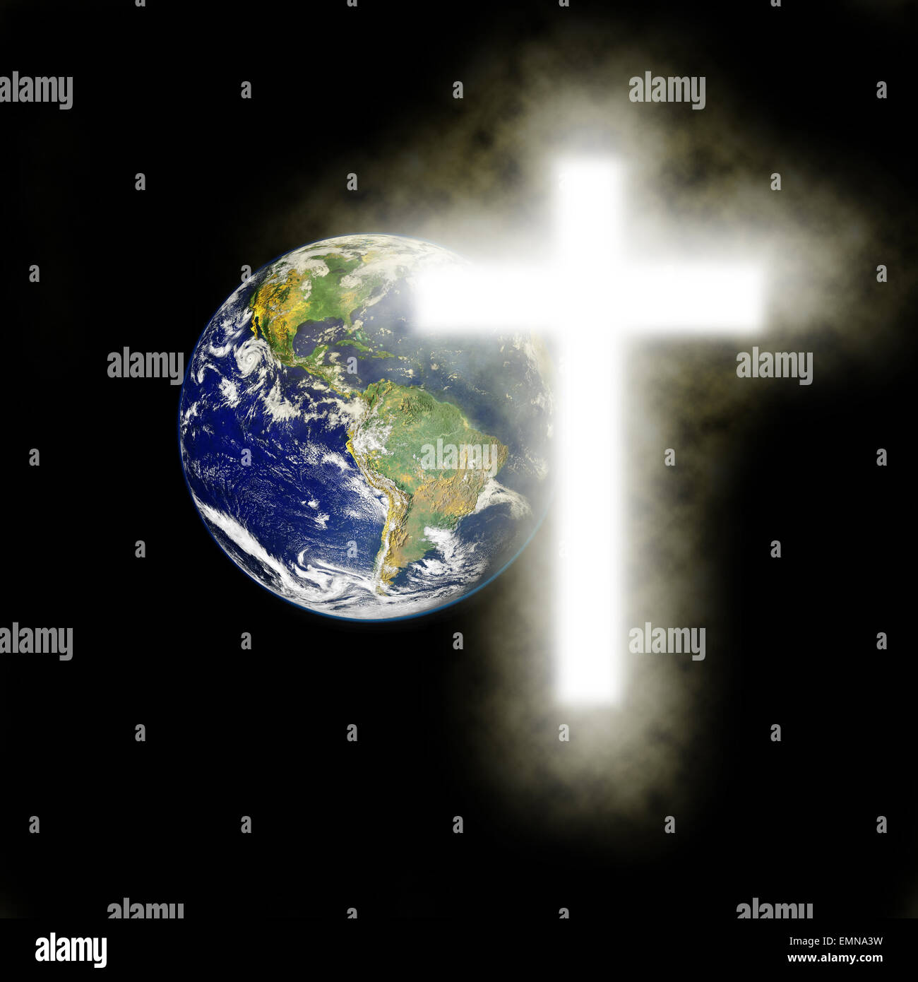 Erde mit religiösen Kreuz mit schwarzem Hintergrund. Elemente des Bildes sind eingerichtet, von der NASA, http://visibleearth.nasa.gov/vie Stockfoto