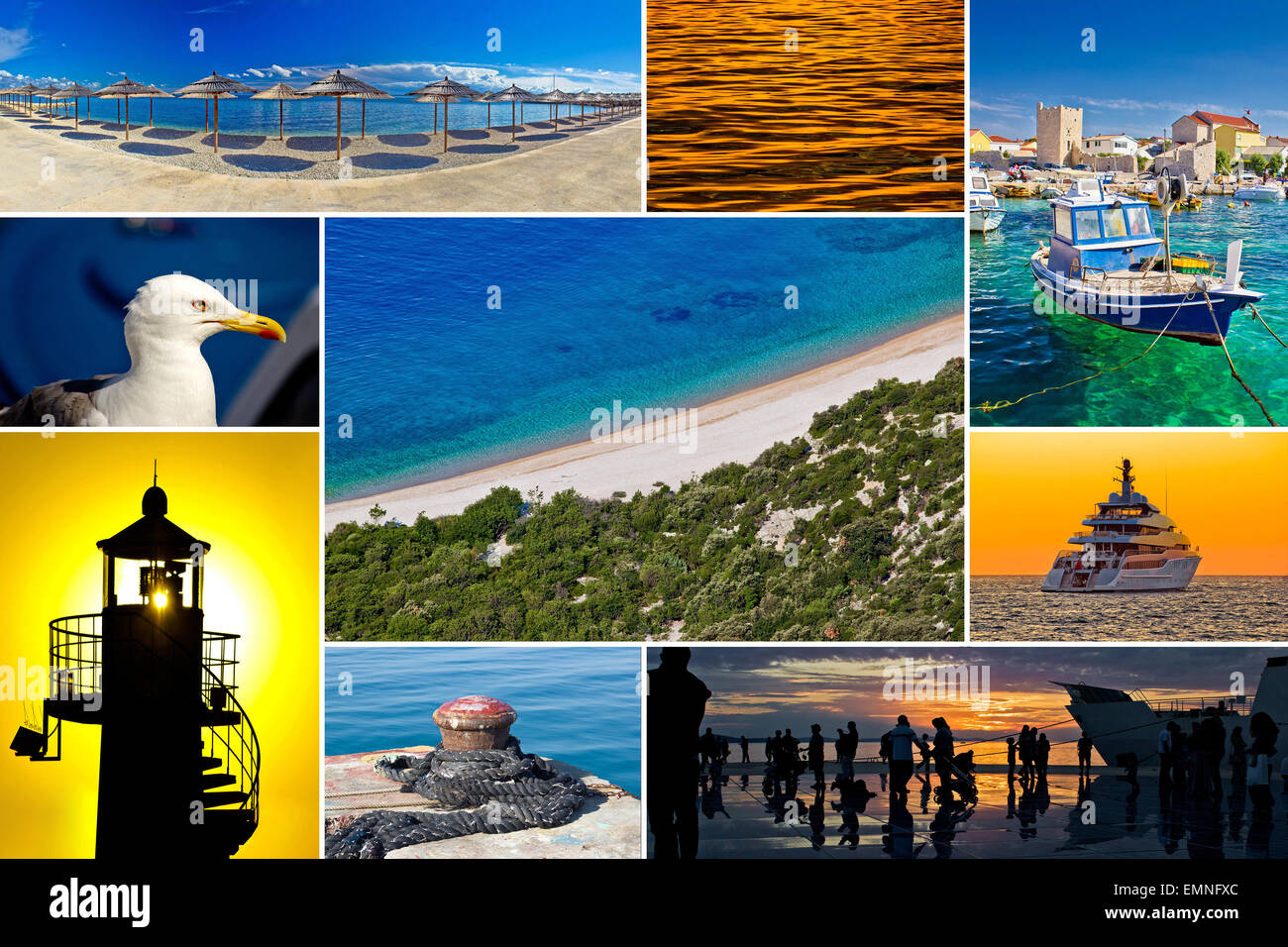 Mittelmeerküste Collage (Yacht, Möwe, Ozean, Strand etc.) Stockfoto