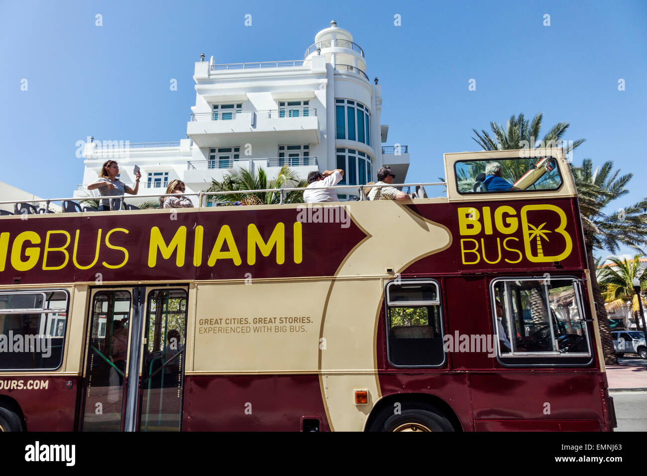 Miami Beach, Florida, Ocean Drive, BigBus, Big Bus, Bus, Doppeldecker, Bus, Besucher reisen Reise touristischer Tourismus Wahrzeichen Kultur Cul Stockfoto