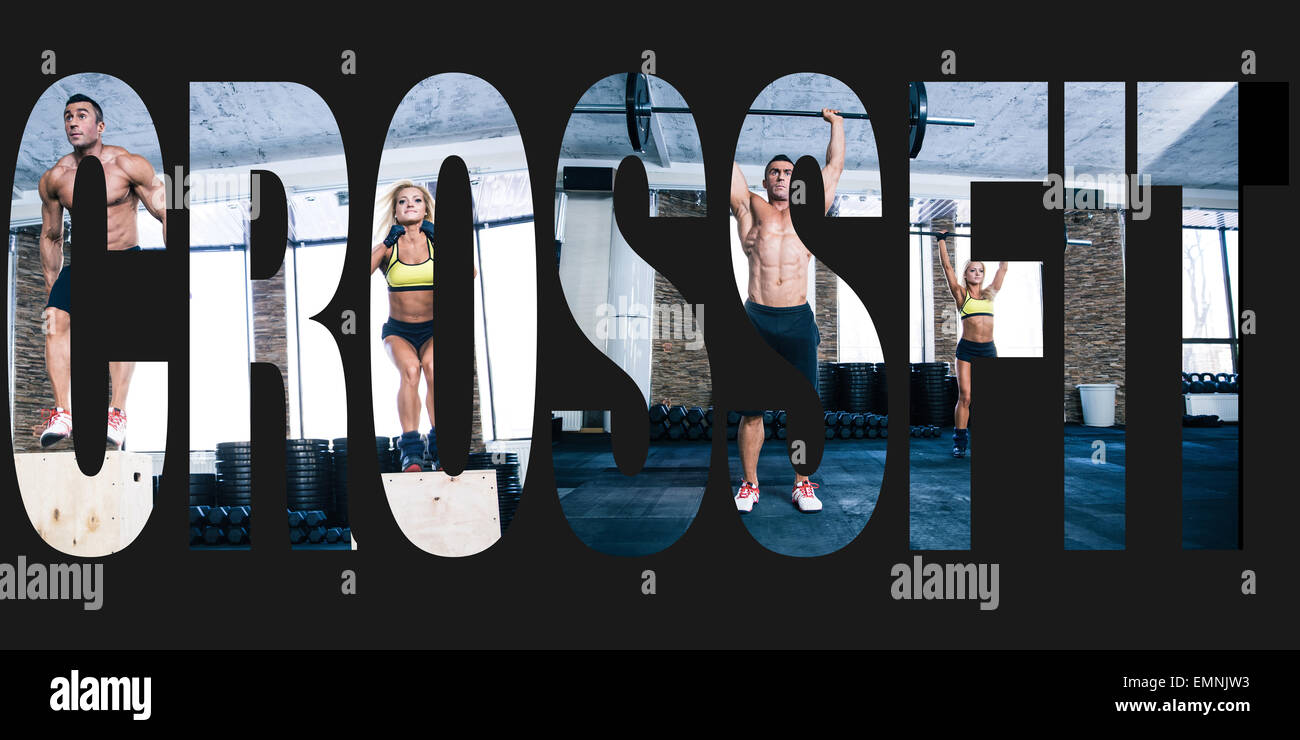 Konzeptuelle Collage von Sportfotos in Form von Wort crossfit Stockfoto