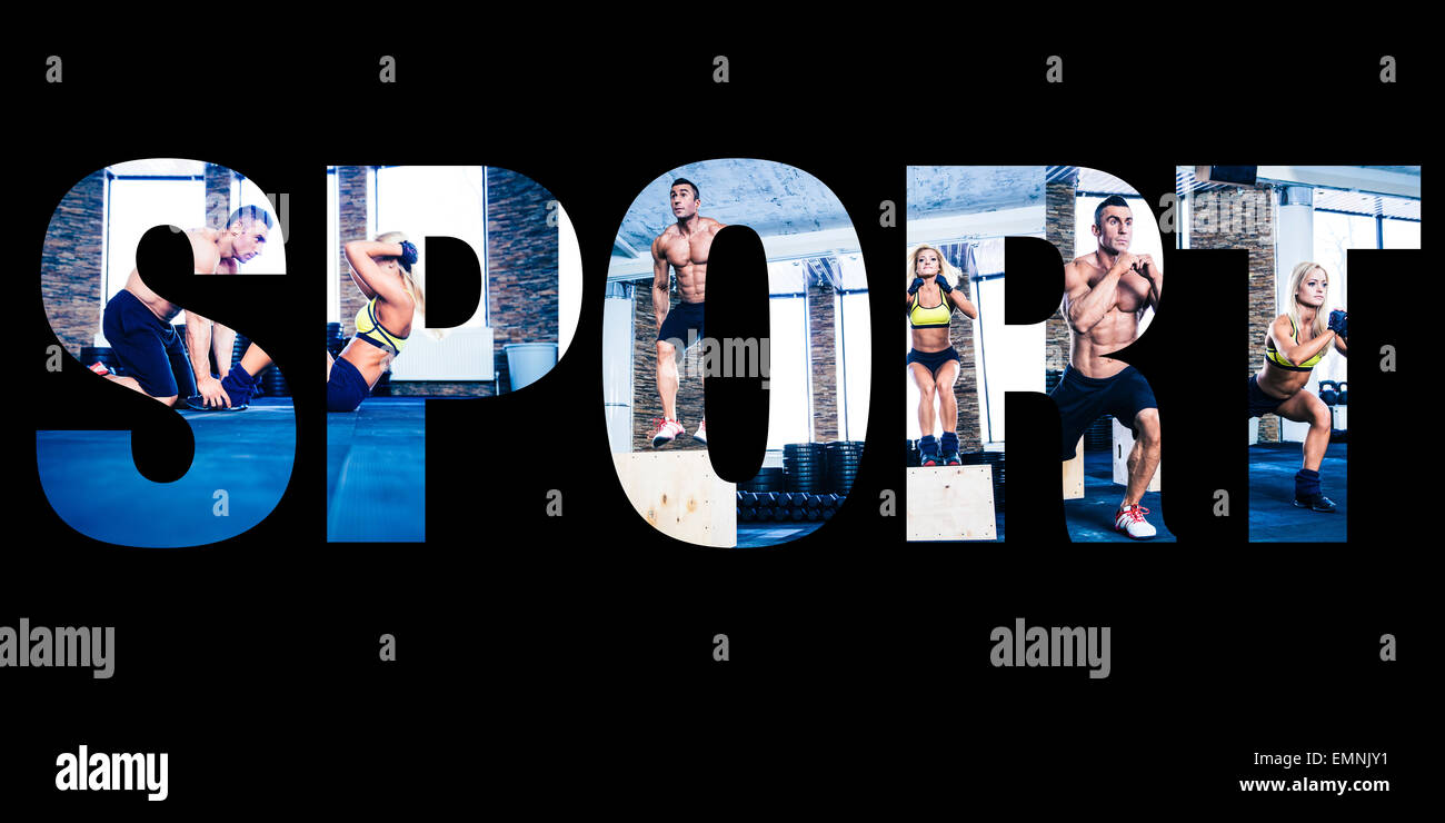 Konzeptuelle Collage von Sportfotos in Form von das Wort sport Stockfoto
