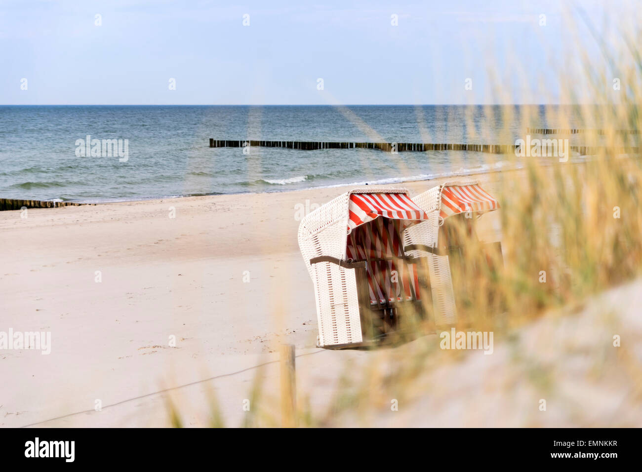 Bild von Dünengras am Ostsee-Strand mit Strandkorb im Hintergrund Stockfoto