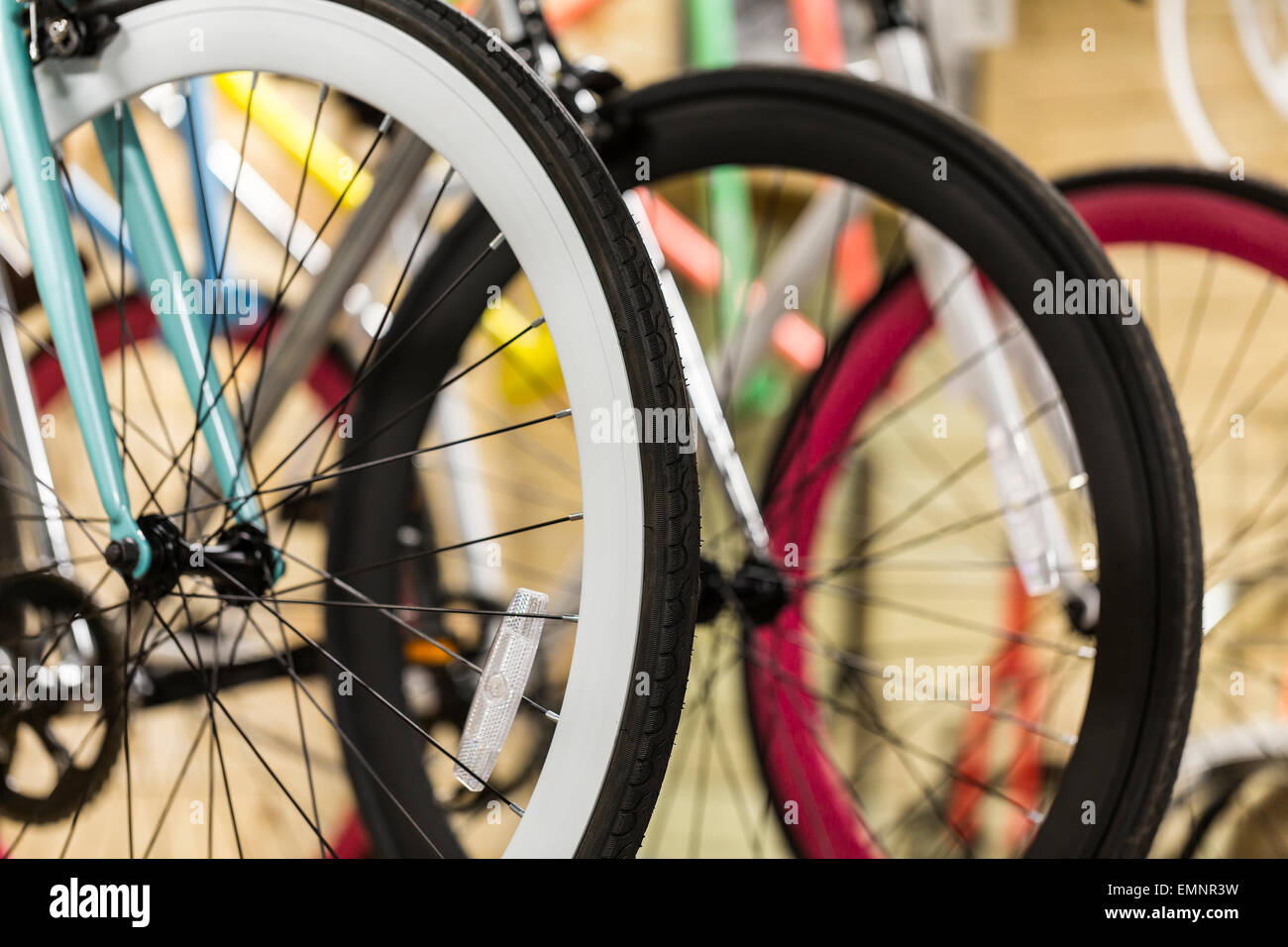Fahrrad-Räder in einem Fahrradladen, Nahaufnahme Stockfoto