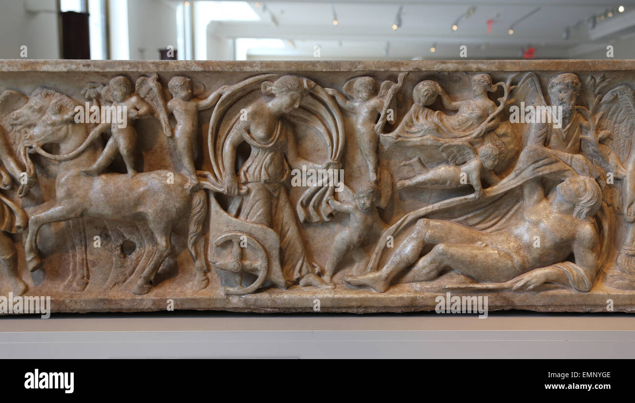 Sarkophag. Mythos von Endymion. Roman. 2. c.AD. Selene, niederlässt aus ihrem Wagen, liegender Geliebte zu besuchen. Stockfoto