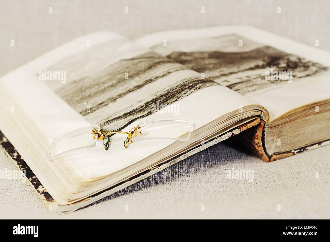 Kneifer auf der offenen Seite des alten Buches mit Abbildungen Stockfoto