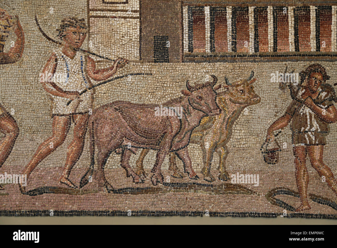 Römisches Mosaik mit marine und ländliche Szenen. Späten Kaiserzeit, Ende 2. bis 3. C. AD. Detail. Arbeiter mit Ochsen. Stockfoto
