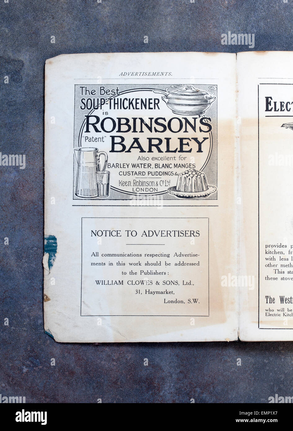 Vintage Werbung für Robinsons Gerste Suppe Verdickungsmittel Stockfoto