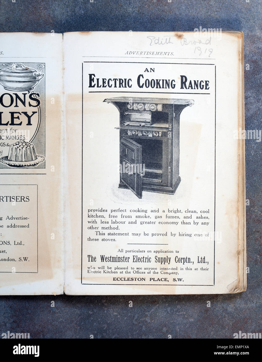 Alte Anzeige für ein elektrisches Kochen Palette von Westminster Electric Supply Company Stockfoto