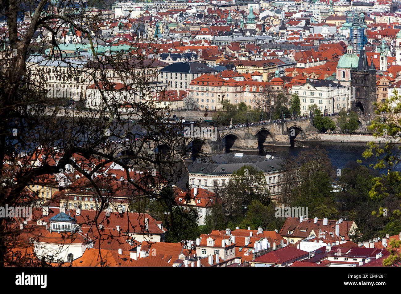 Blick vom Petrin-Hügel zur Karlsbrücke Prag Moldau Altstadt Prag Tschechische Republik Prag Stadtbild Stockfoto