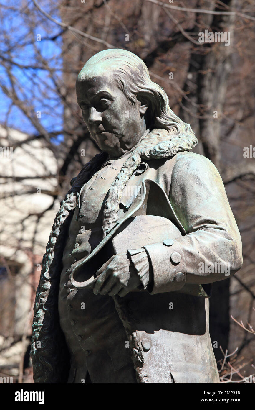 Benjamin Franklin Bronzestatue Boston Massachusetts Freedom Trail Wahrzeichen, Ben Franklin, vor dem alten Rathaus. Stockfoto