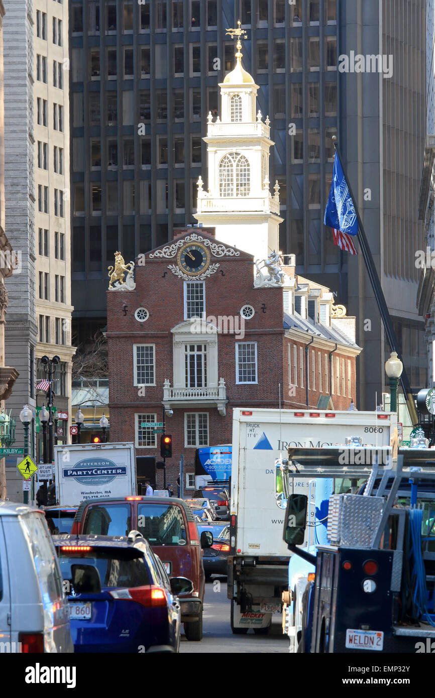 Boston Freedom Trail Wahrzeichen. Das Old State House Website des Massakers von Boston. Boston, Massachusetts. Stockfoto