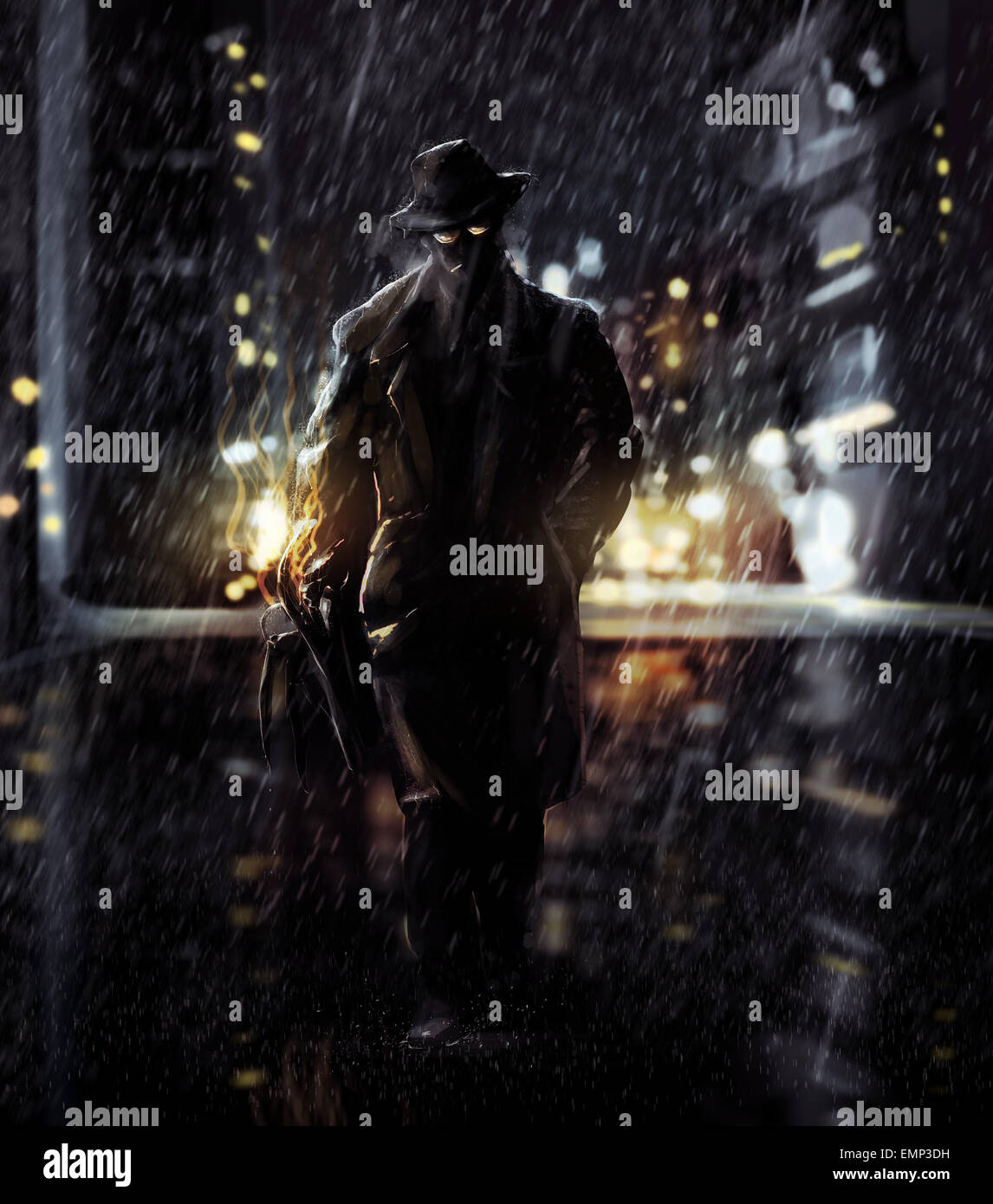 Detektiv. Noir Detektiv zu Fuß eine Stadt Nachtlichter. Stockfoto