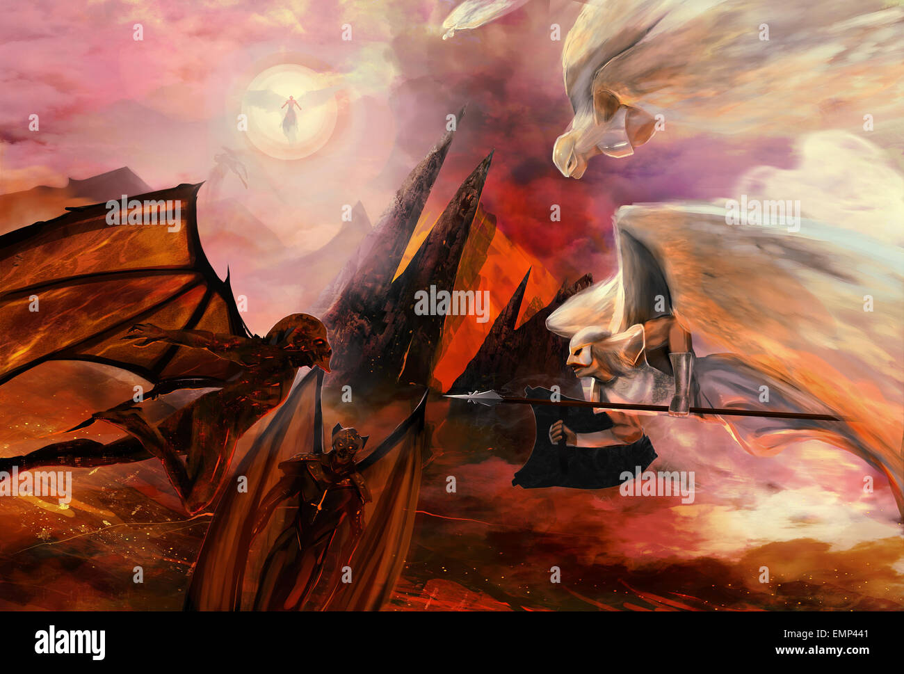 Engel und Dämonen Konflikt Religionskrieg Szene Stockfoto
