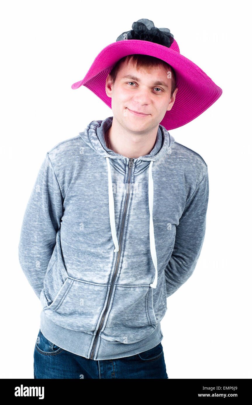 Junger Mann mit Hut, isoliert auf weiss Stockfoto