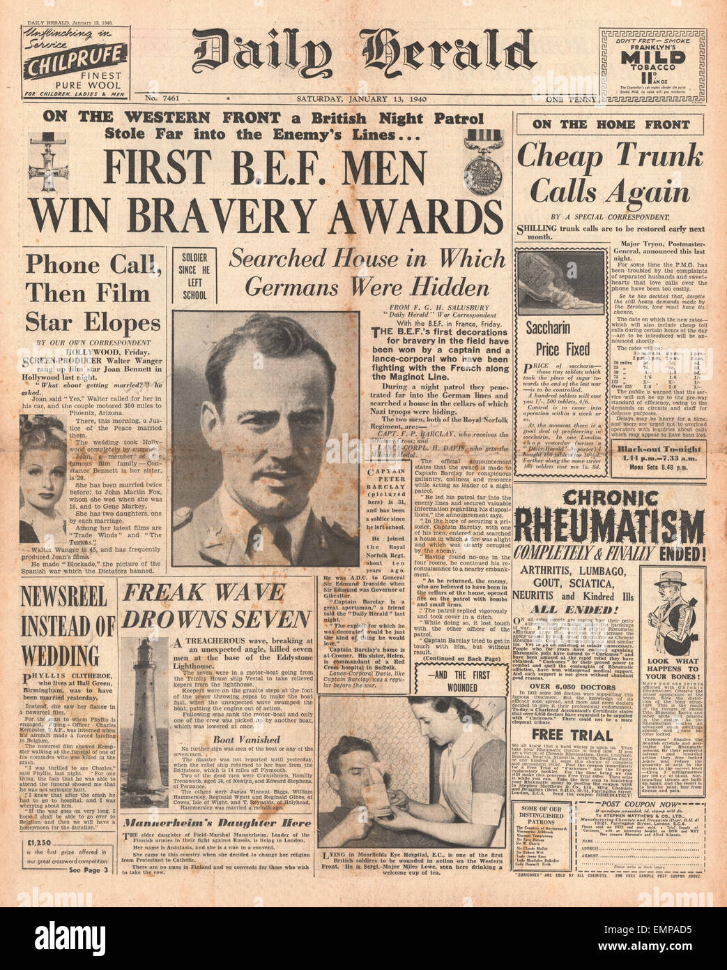 1940 Titelseite Daily Herald Tapferkeit Awards an B.E.F Männer ausgegeben Stockfoto