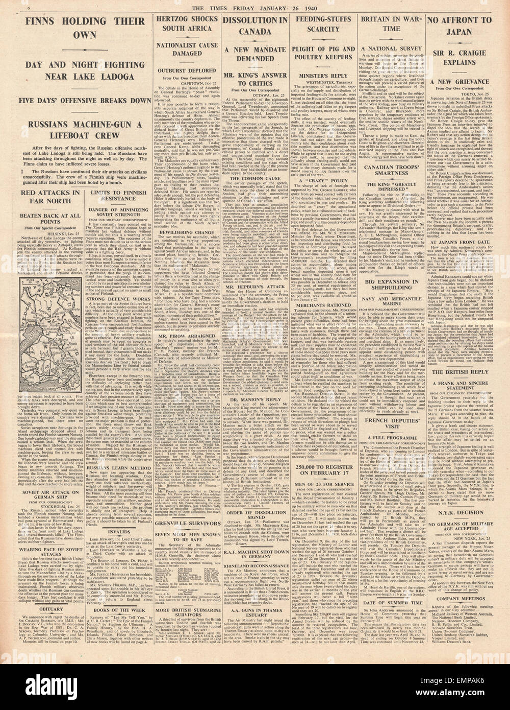 1940 s. 6 The Times russische Offensive am See Ladoga Kanadische Unterhauswahlen Stockfoto