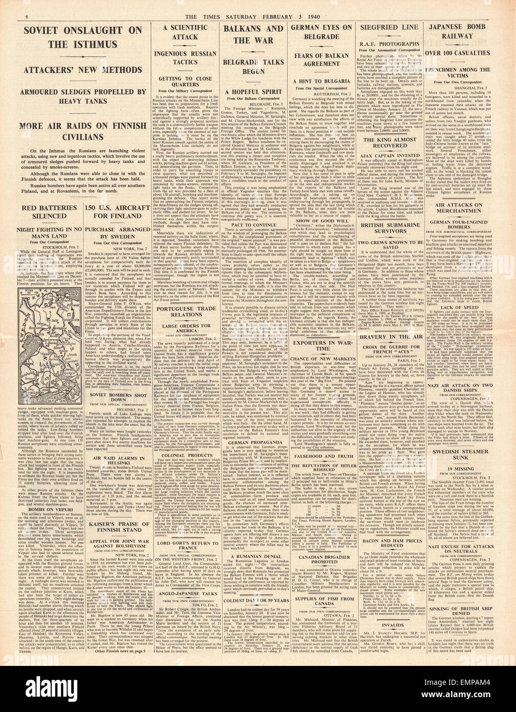 Seite 6 1940 den Ansturm der The Times sowjetischen Armee auf der karelischen Landenge Stockfoto