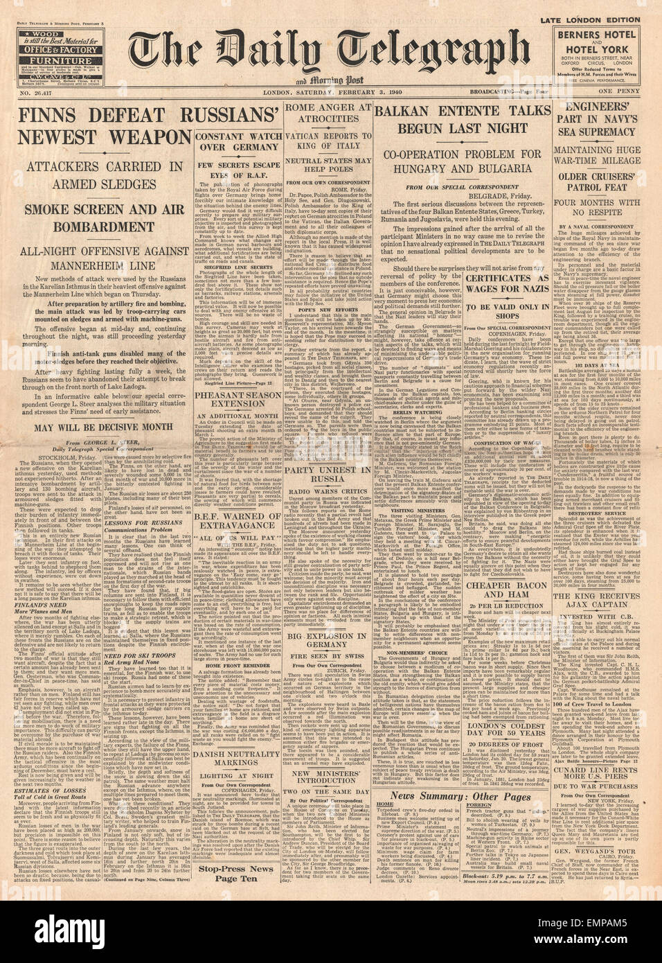 1940 spricht Titelseite Daily Telegraph Schlacht für Finnland-Balkan-Entente in Belgrad Stockfoto