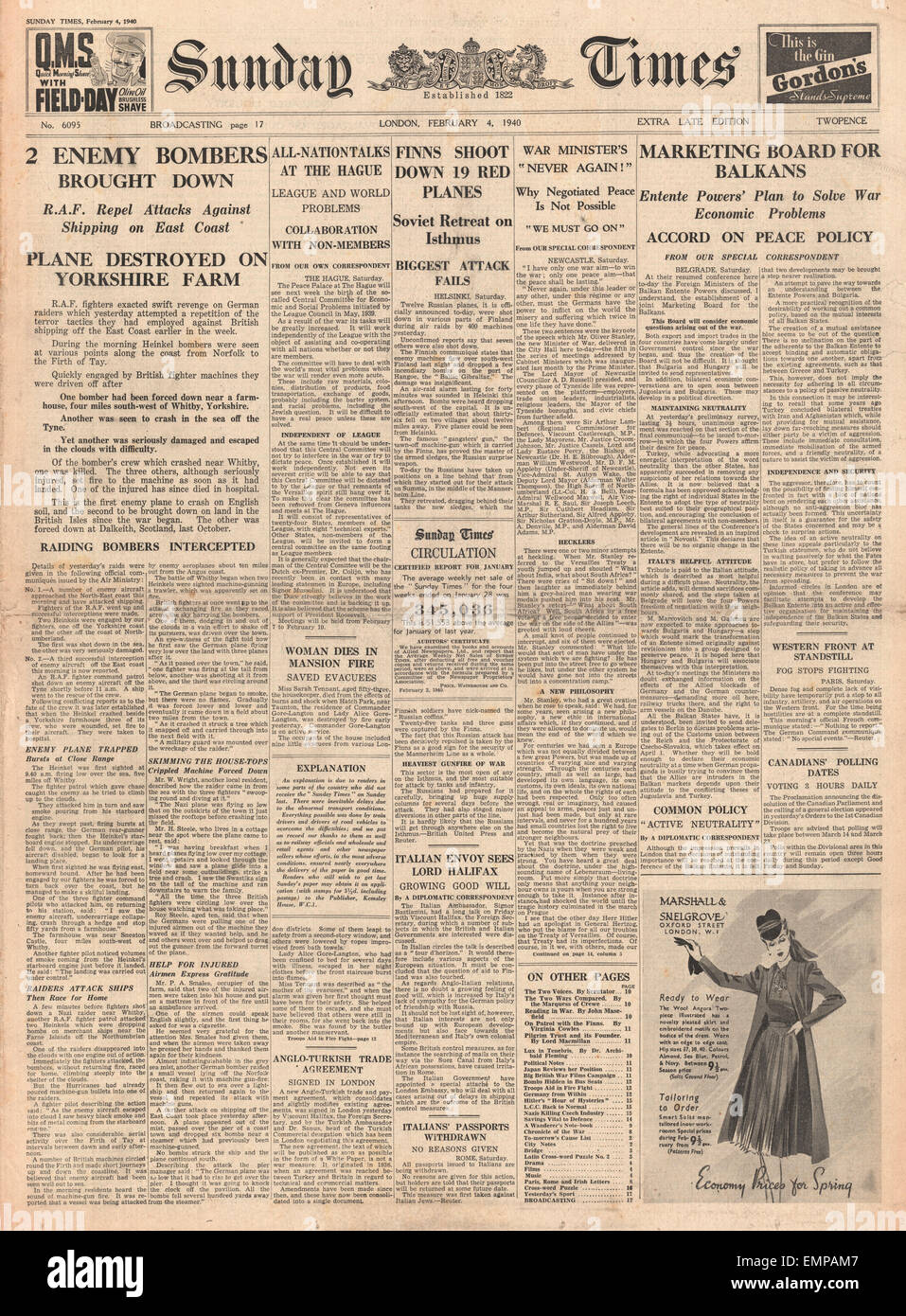 1940-Titelseite Sonntag Zeiten allgemeiner Krieg Nachrichten Stockfoto