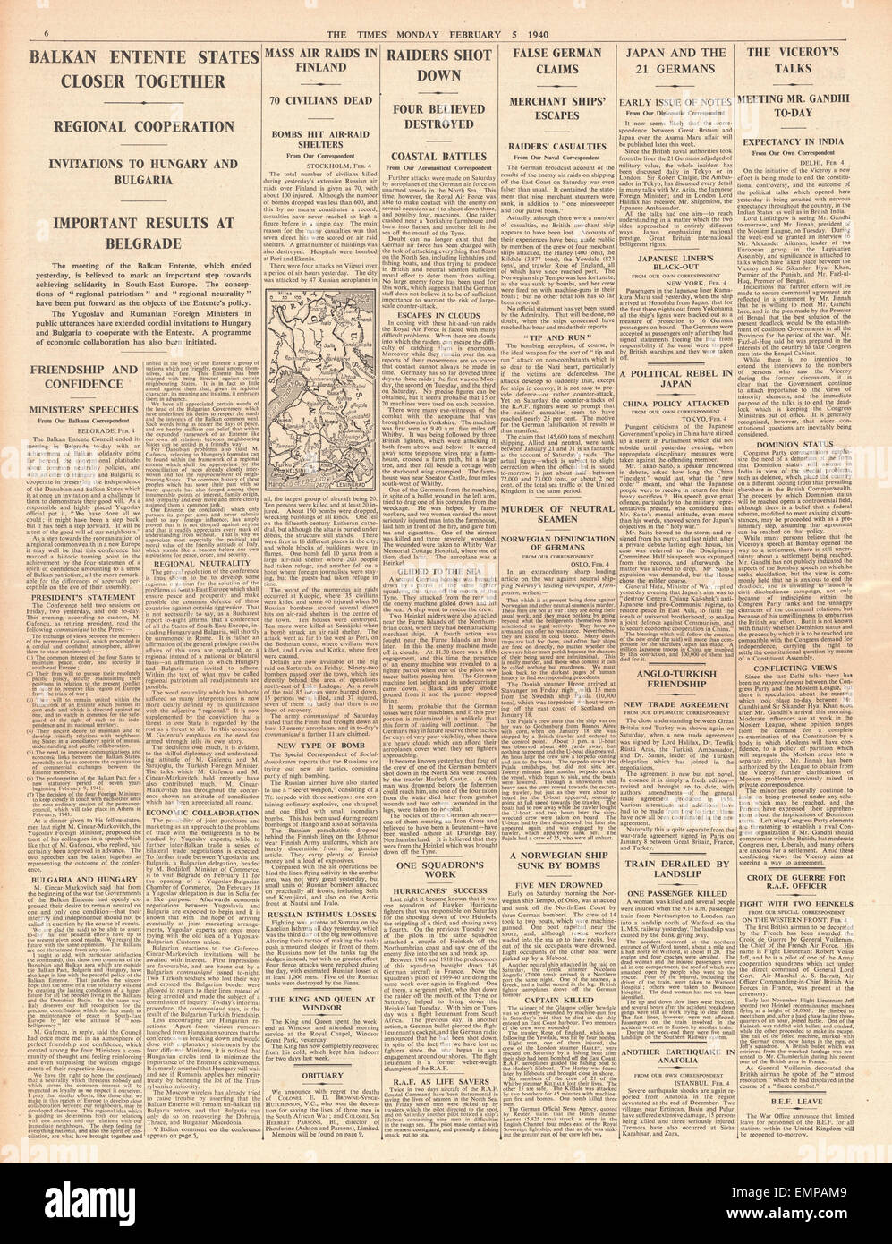 1940 Seite 6 The Times Balkan Entente-Konferenz in Belgrad, Kampf um Finnland Küste Luftangriffe auf Großbritannien Stockfoto