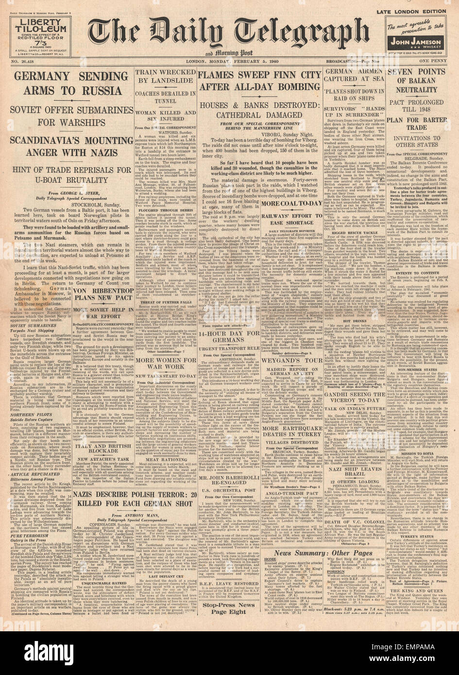1940-Titelseite Daily Telegraph Deutschland beliefert Russland mit Armen Schlacht für Finnland Stockfoto