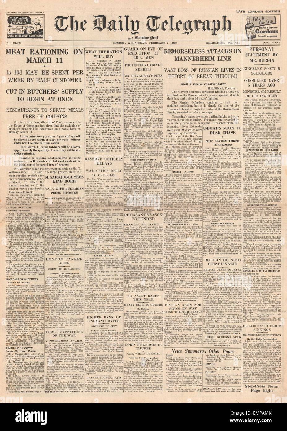 am 11. März beginnt 1940 Titelseite Daily Telegraph Fleisch Rationierung russische Armee greift die Mannerheim-Linie Stockfoto
