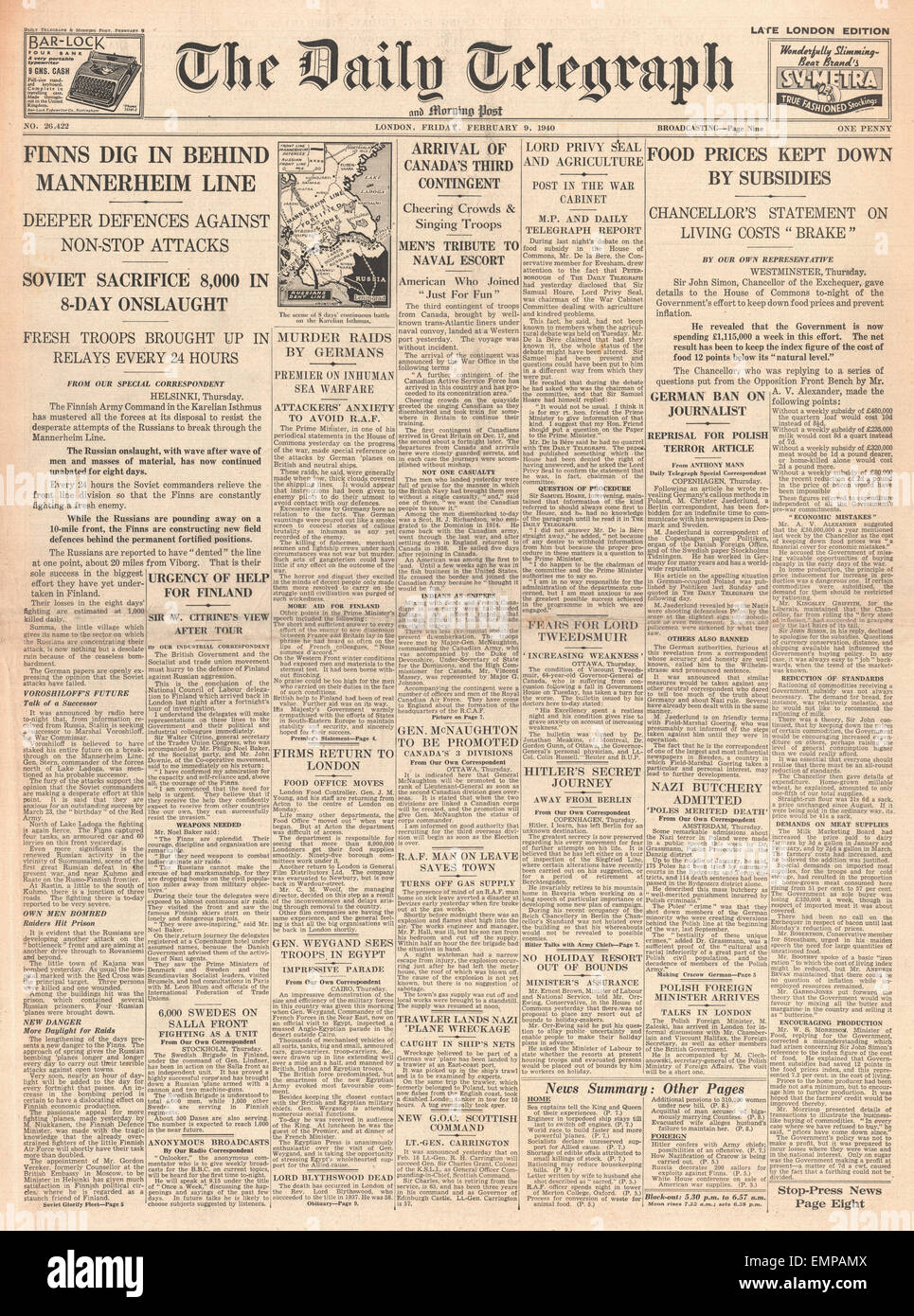 1940-Titelseite Daily Telegraph Schlacht für Finnland Lebensmittelsubventionen Stockfoto