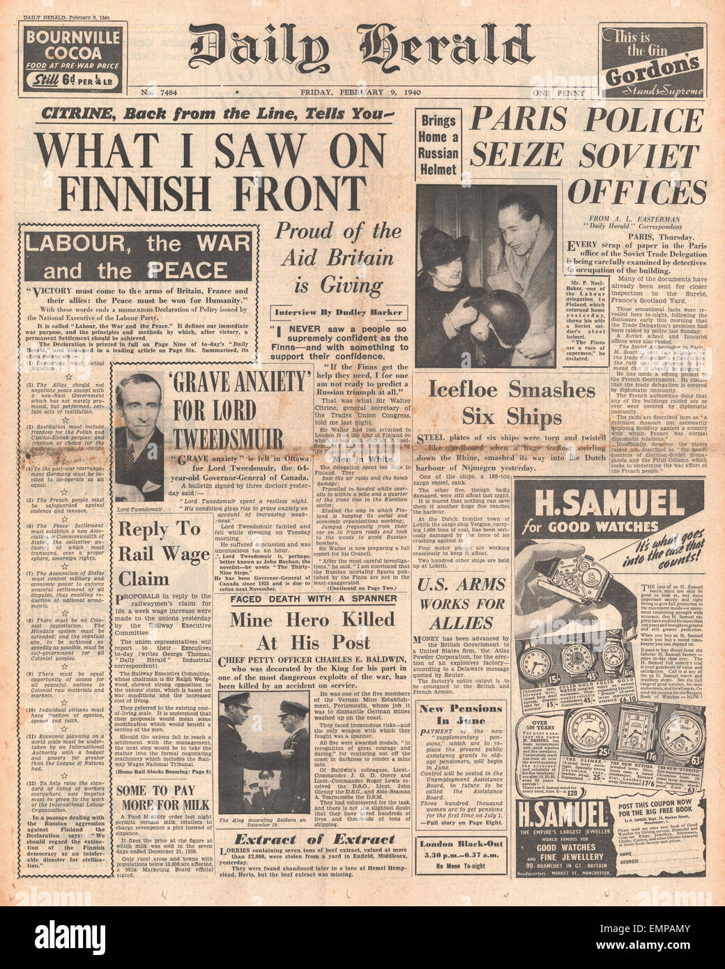 1940-Titelseite Daily Herald Trades Union Congress Führer Sir Walter Citrine berichtet über seinen Besuch in der finnischen front Stockfoto