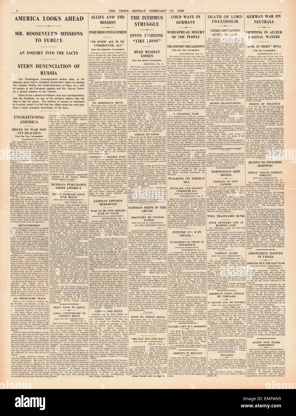 1940 s. 6 sendet The Times Roosevelt Frieden Gesandten nach Europa, Kampf für Finnland, Tod von Lord Tweedsmuir Stockfoto