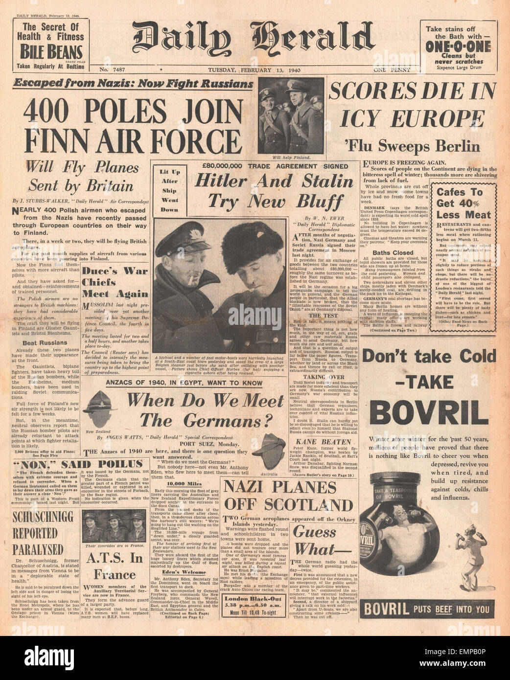 1940-Titelseite Daily Herald polnische Freiwillige für die finnische Luftwaffe Frostwetter in ganz Europa Stockfoto