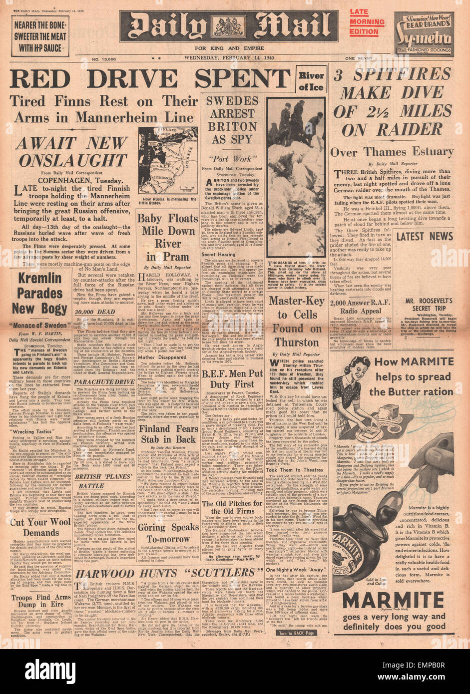 1940-Titelseite, die Daily Mail russischen Kräfte von finnischen Armee gehalten Stockfoto