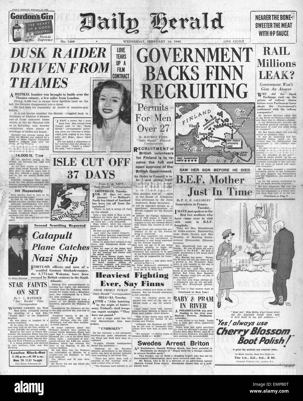 1940-Titelseite Daily Herald britische Regierung setzt auf Freiwillige für Finnland Stockfoto