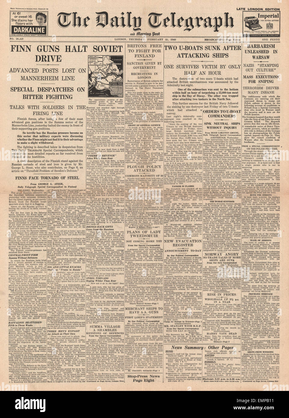 1940-Front Seite Daily Telegraph finnischen Waffen Halt voraus russische U-Boote versenkt Stockfoto